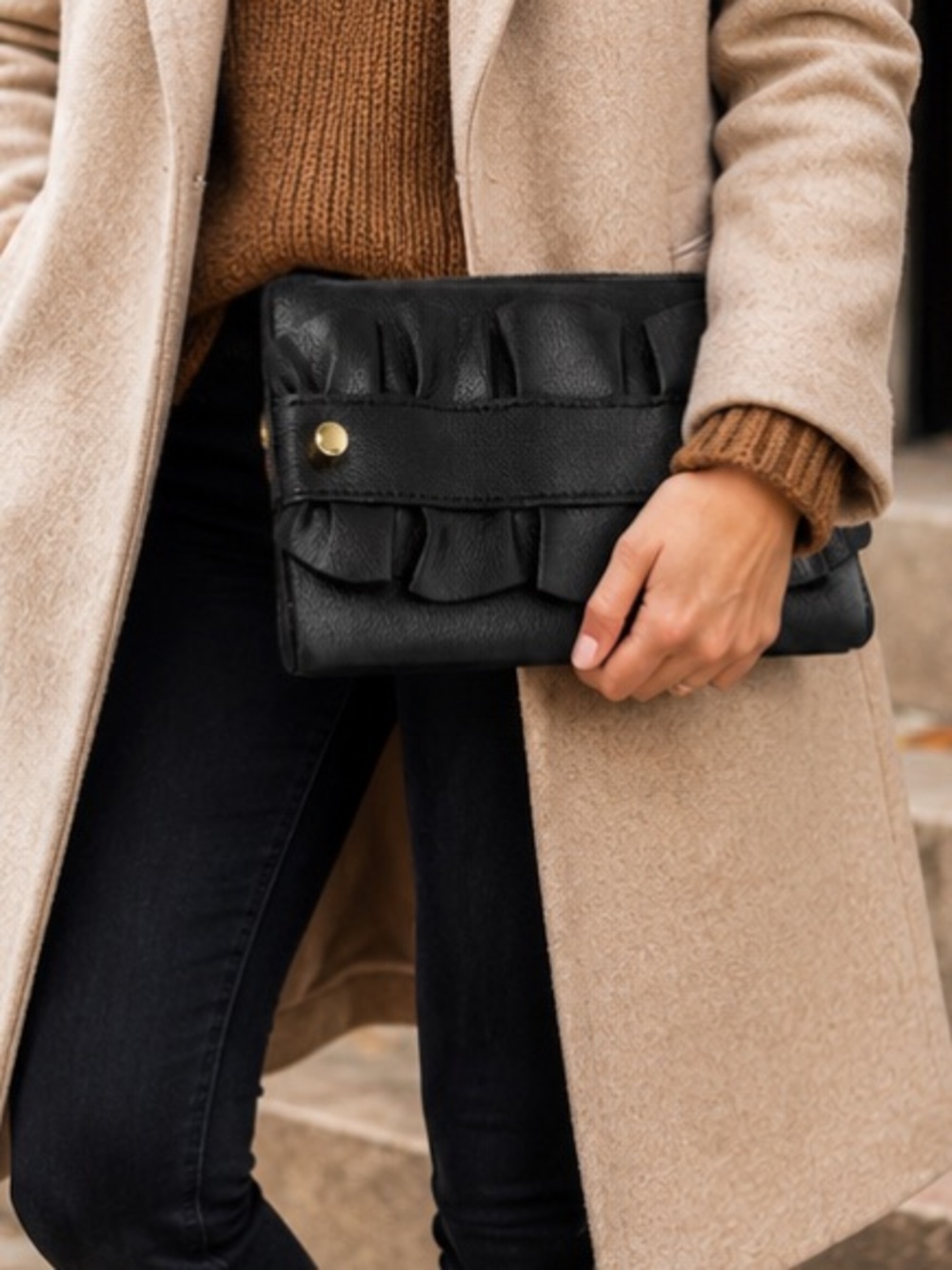 NWT Milly Astor Black Leather Ruffle Clutch